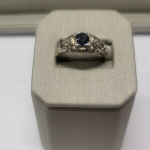 Flower Filigree Ring with Blue Sapphire Gemstone - 18kt White Gold - Size 4